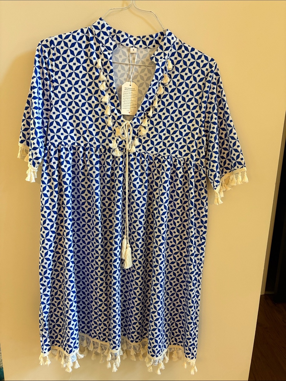Blue & White Geometric Tassel Trim Women's Tunic Top